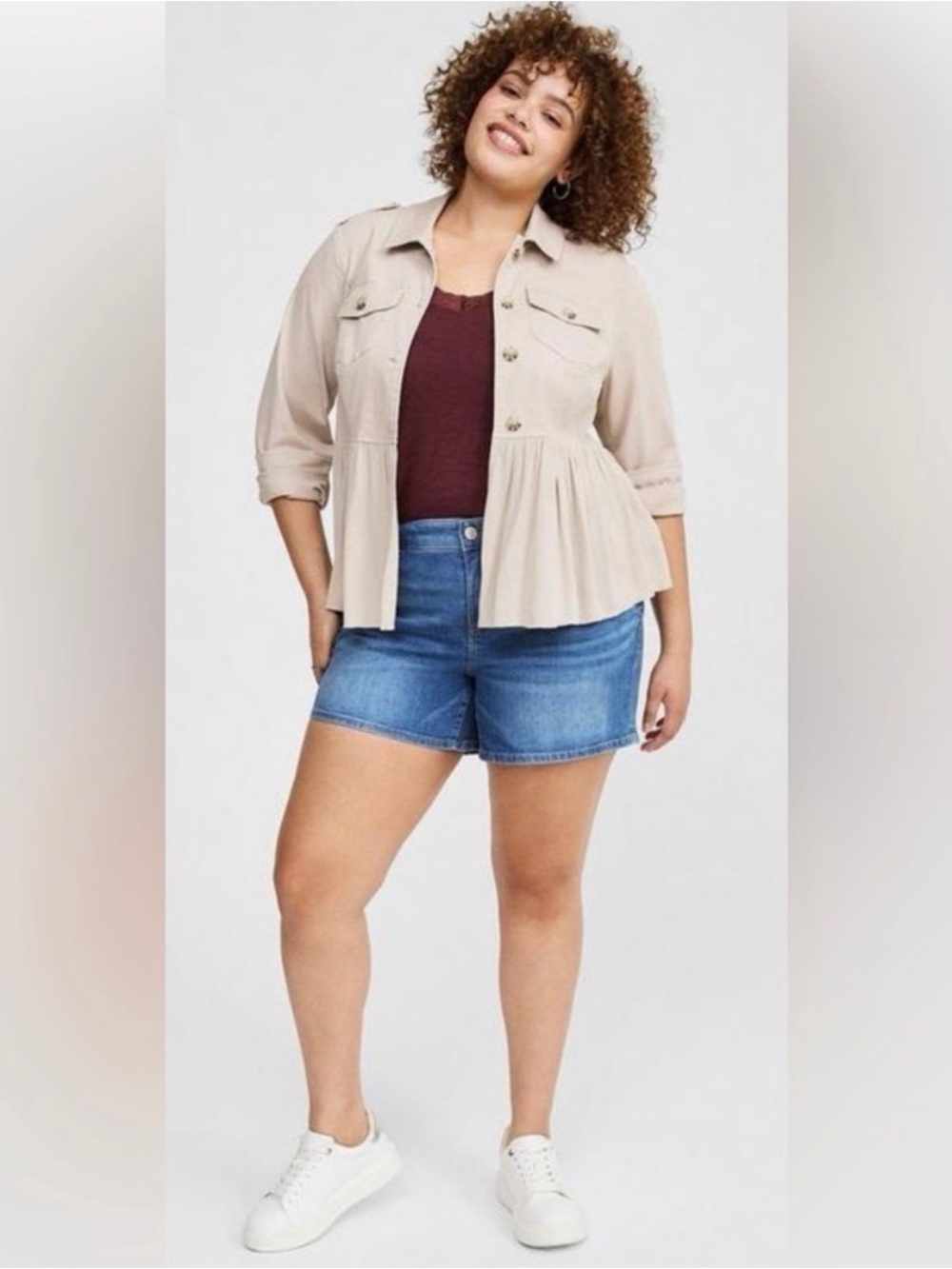 Peplum Utility Jacket in Light Beige - Women's